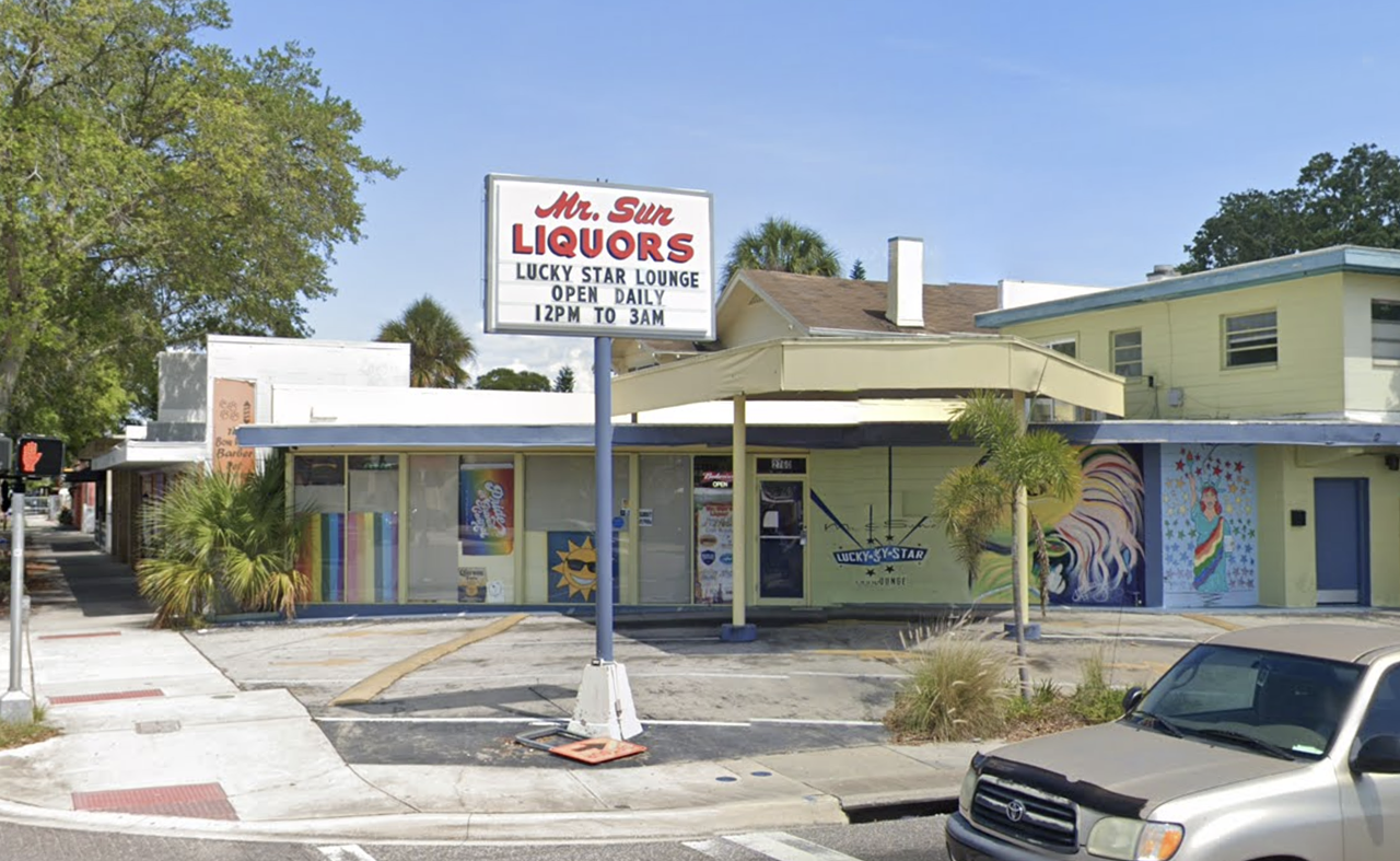 Lucky Star Lounge  
2760 Central Ave., St. Petersburg,
Claiming to serve the “stiffest drinks in the district since 2008,” Lucky Star is an LGTQ+ hole-in-the-wall. This bar features a jukebox, so you can grab a drink while bumping to your own tunes.
Photo via Google Street