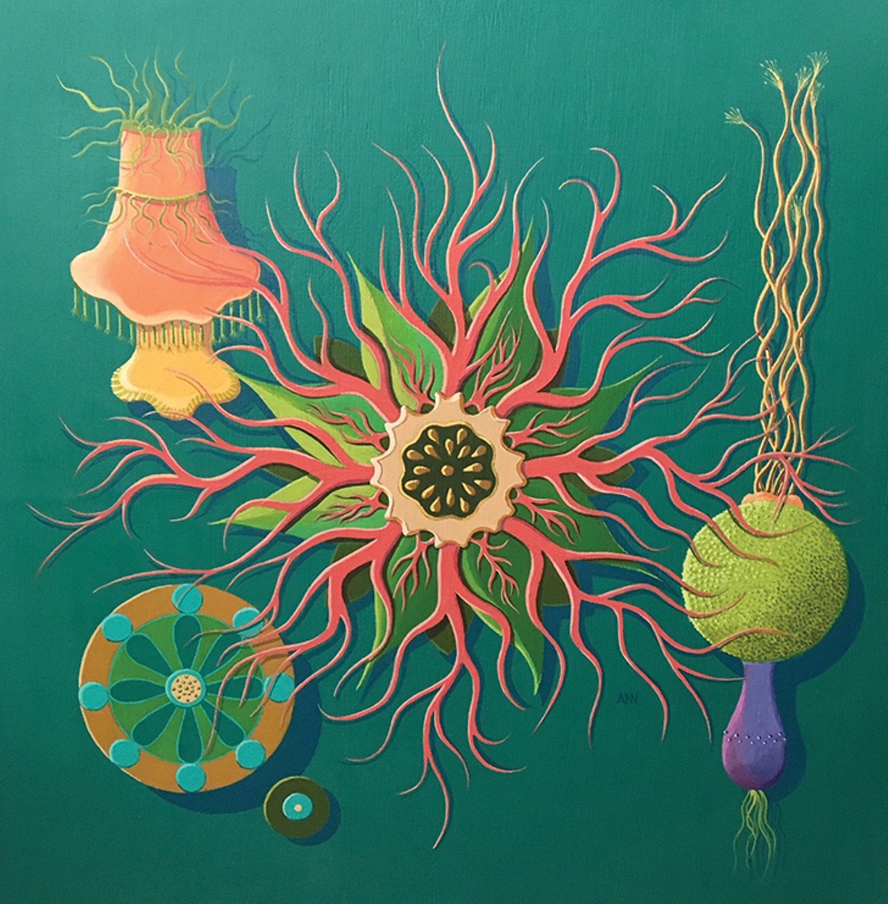 Ann Feldshue's "Roots" depicts a variety of fictitious amoeba-like creatures inspired by Darwin-era scientific illustrations. Feldshue's paintings are on display through Dec. 23 as part of the Dunedin Fine Art Center's Bontanamoeba exhibition.
Photo courtesy of the Dunedin Fine Art Center