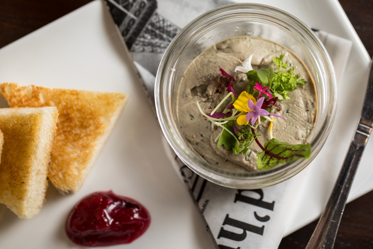 Normally in a Parisian bistro, you'll find a tranche of rustic p&acirc;t&eacute; de campagne, but here, chicken liver p&acirc;t&eacute; is a jar of creamy goodness.