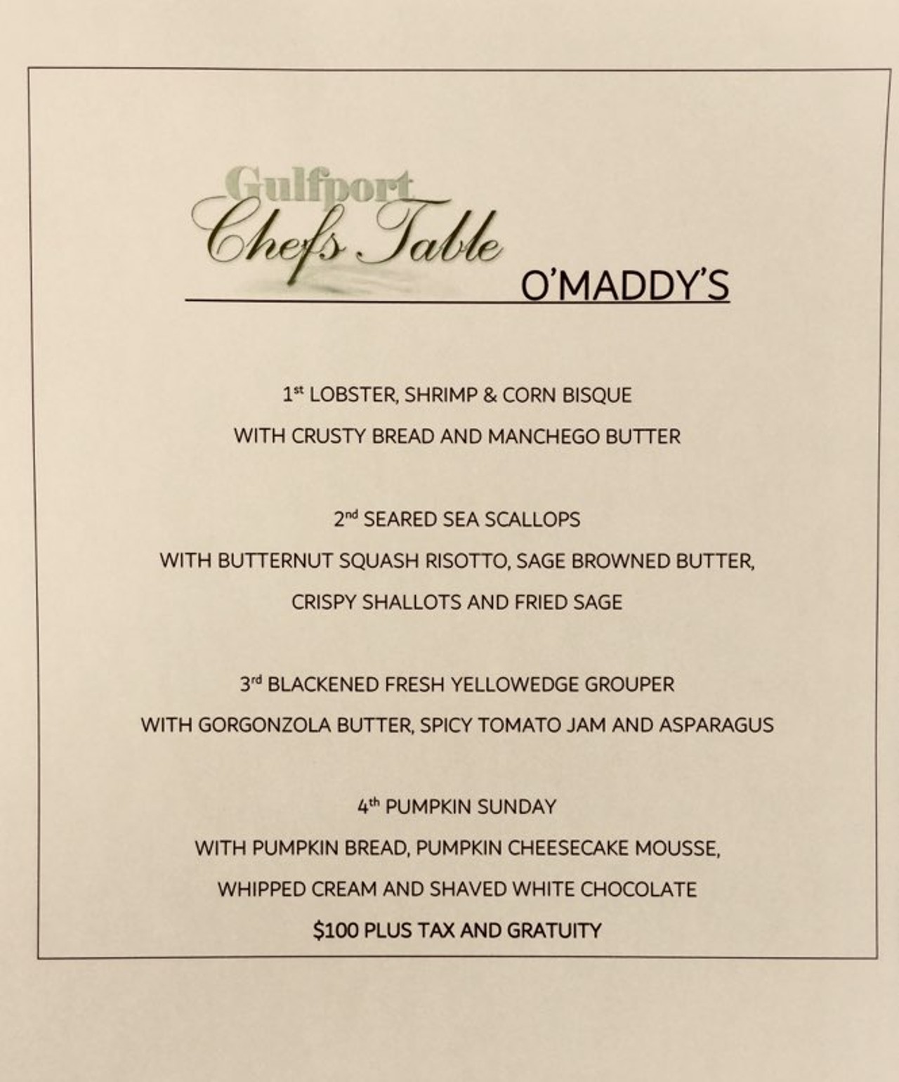 Gulfport Chef's Table 2018 O'Maddy's menu