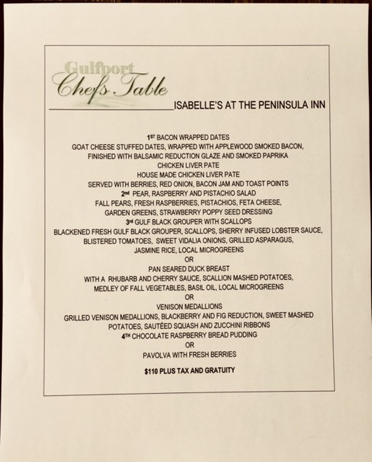 Gulfport Chef's Table 2018 Isabelle's at the Peninsula Inn menu