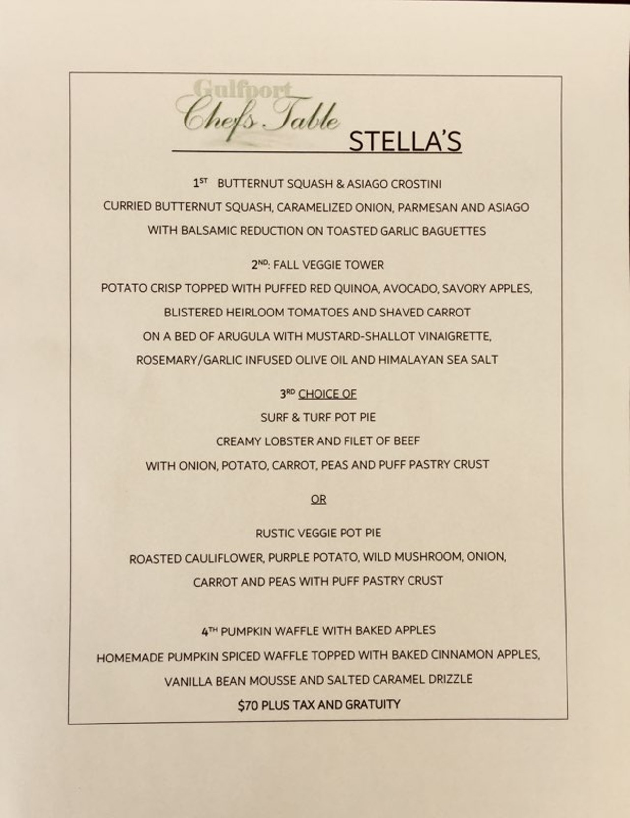 Stella's Chef's Table menu 2018