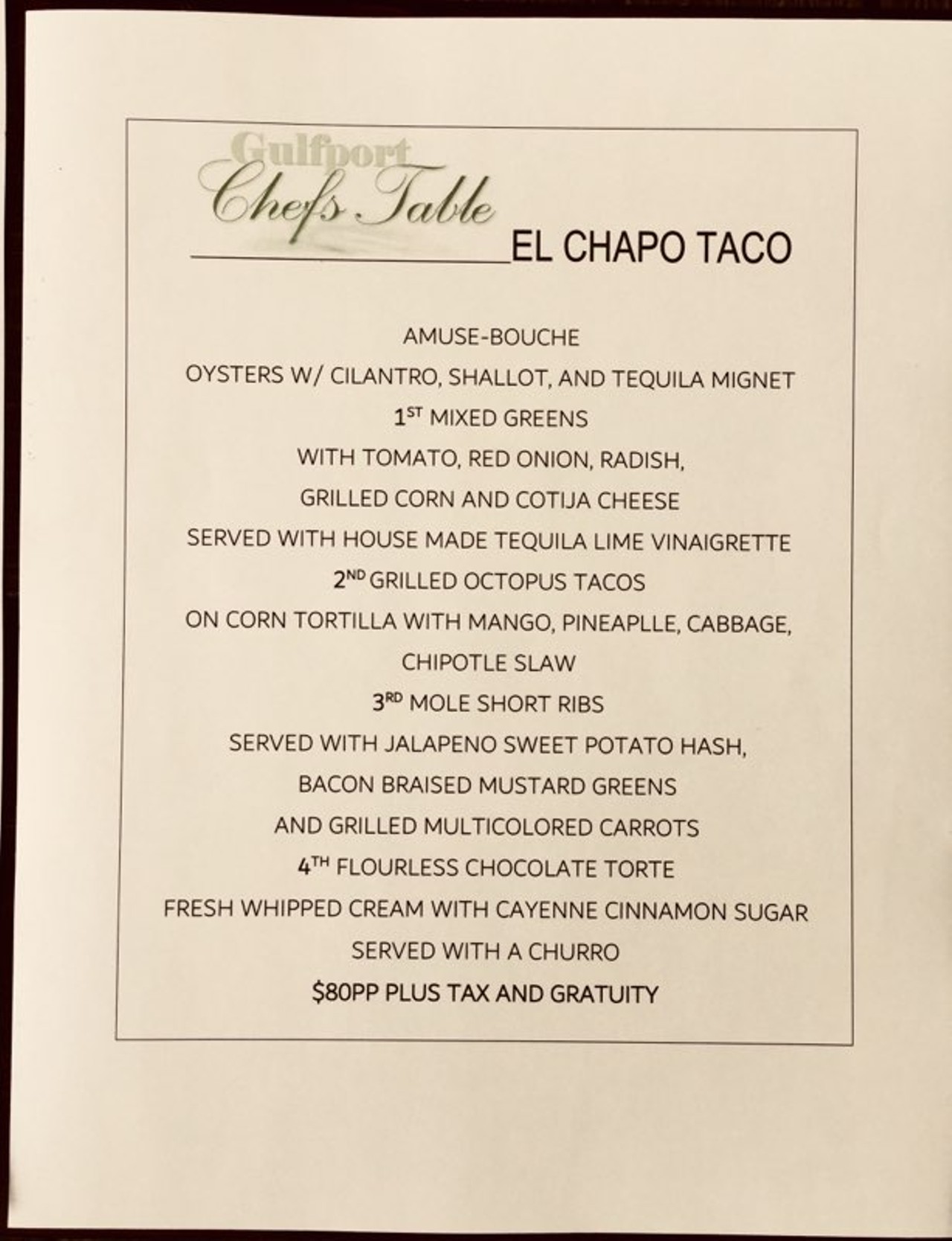 Gulfport Chef's Table 2018 El Chapo Taco's menu