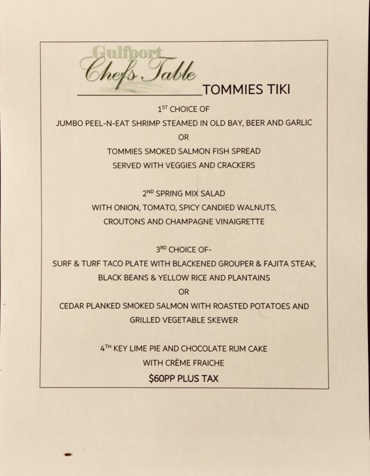 Gulfport Chef's Table 2018 Tommies Tiki menu