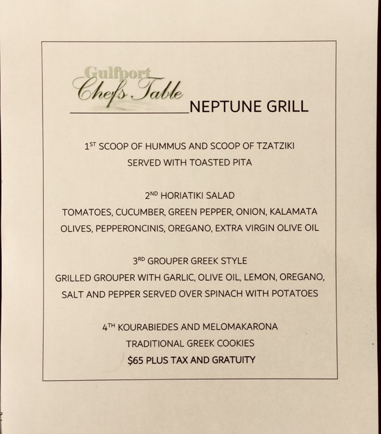 Gulfport Chef's Table 2018 Neptune Grill's menu