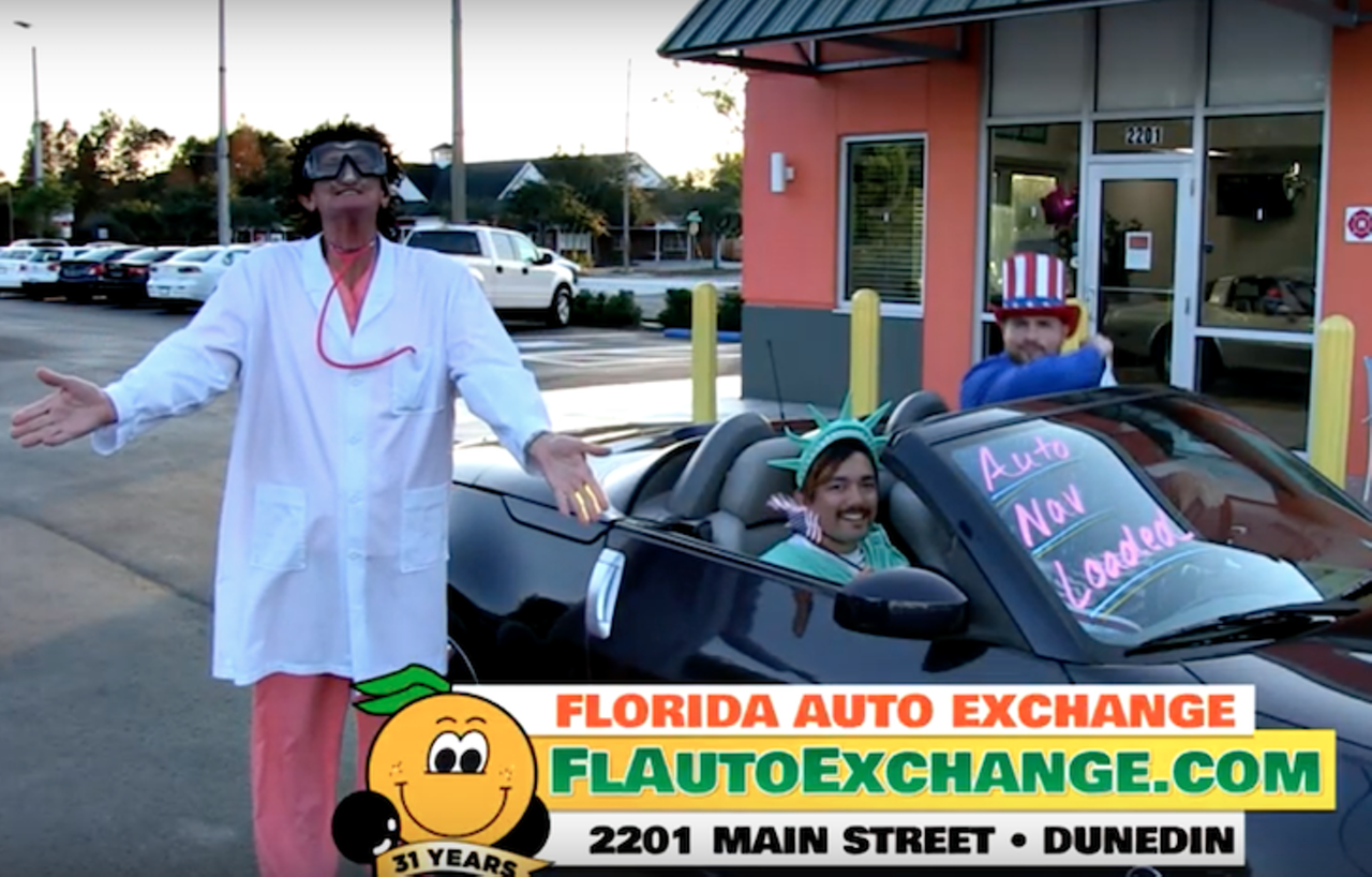 Dr. Credit
You might not trust him to conduct surgery, but the doctor who wears snorkeling goggles sure knows how to sell a car. The costumed salesman works for the Florida Auto Exchange in Dunedin.
Photo via YouTube