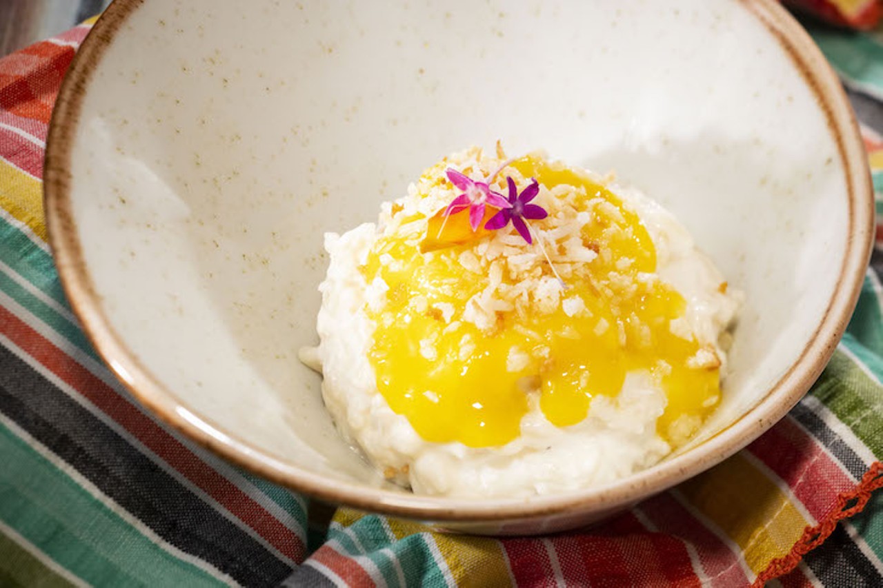 Mexico's coconut rice pudding,&nbsp;topped with mango coulis,&nbsp;is also vegan.
