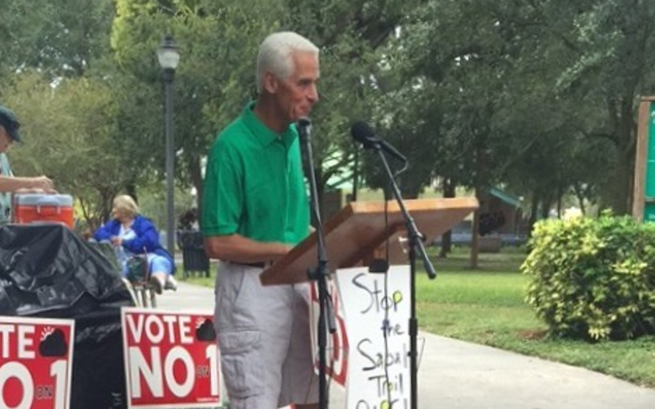 Former governor Charlie Crist, now a Congressional candidate, addresses the crowd.