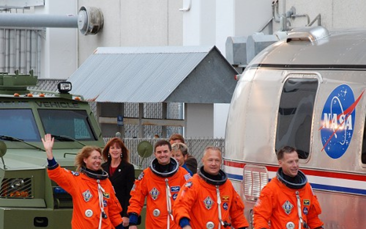 The crew of Atlantis- Commander Chris Ferguson, Pilot Doug Hurley, Mission Specialist Sandra Magnus, Mission Specialist Rex Walheim