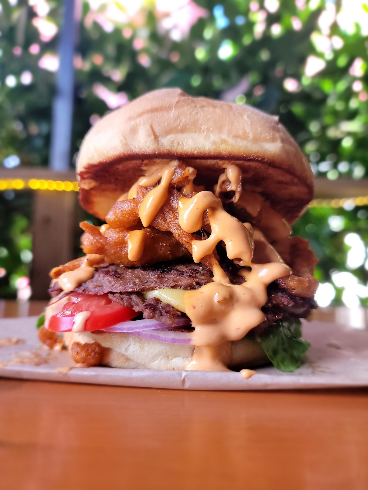 
3 Dot Dash
6203 N Florida Ave., Tampa.
Up In Smoke Burger: Two smashed Impossible patties topped with thinly sliced, blackened and fried 'tobacco onions,' smokey chipotle mayo, melted vegan gouda, lettuce, tomato, red onion and pickles. ($14)
Photo courtesy of 3 Dot Dash