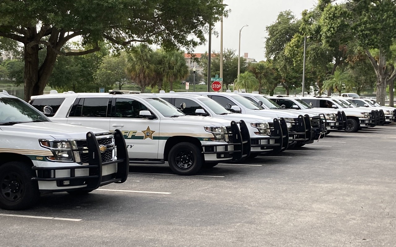 PSCO cruisers lined up near the Pinellas County Courthouse, ahead of a demonstration by housing rights advocates.