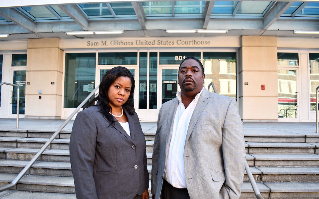 Deanna and Andrew Joseph Jr. stand outside of Tampa's federal courthouse.