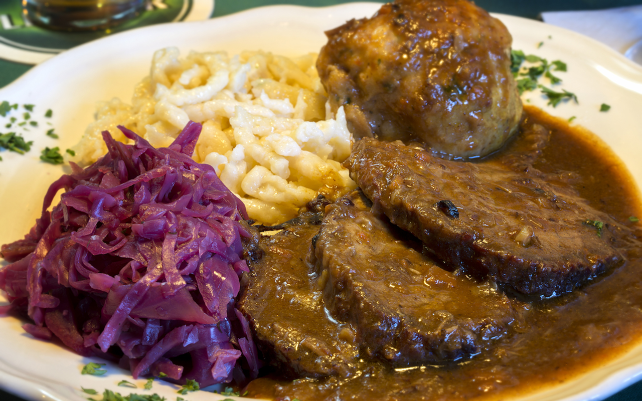 OLD WORLD FLAVORS: Red cabbage perks up the sauerbraten entree.