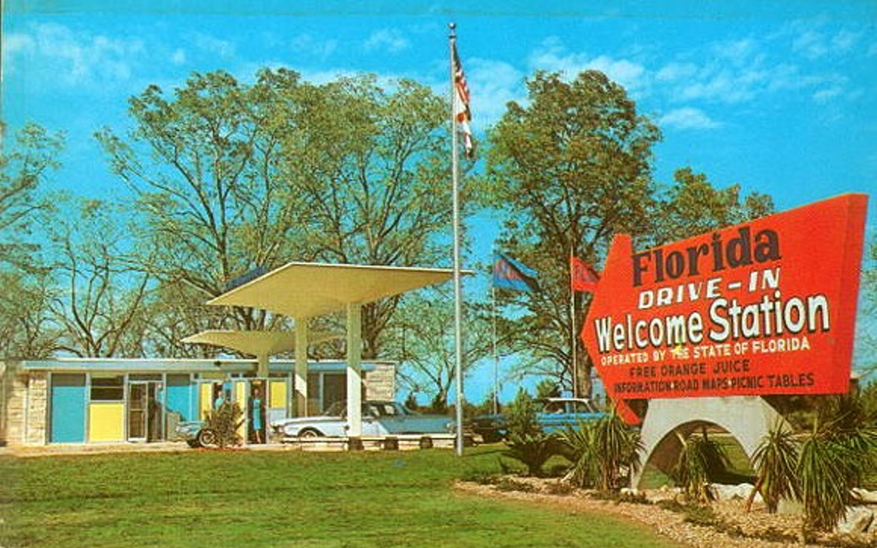 1960s postcard with Florida welcome station two miles north of Havana on U.S. 27.