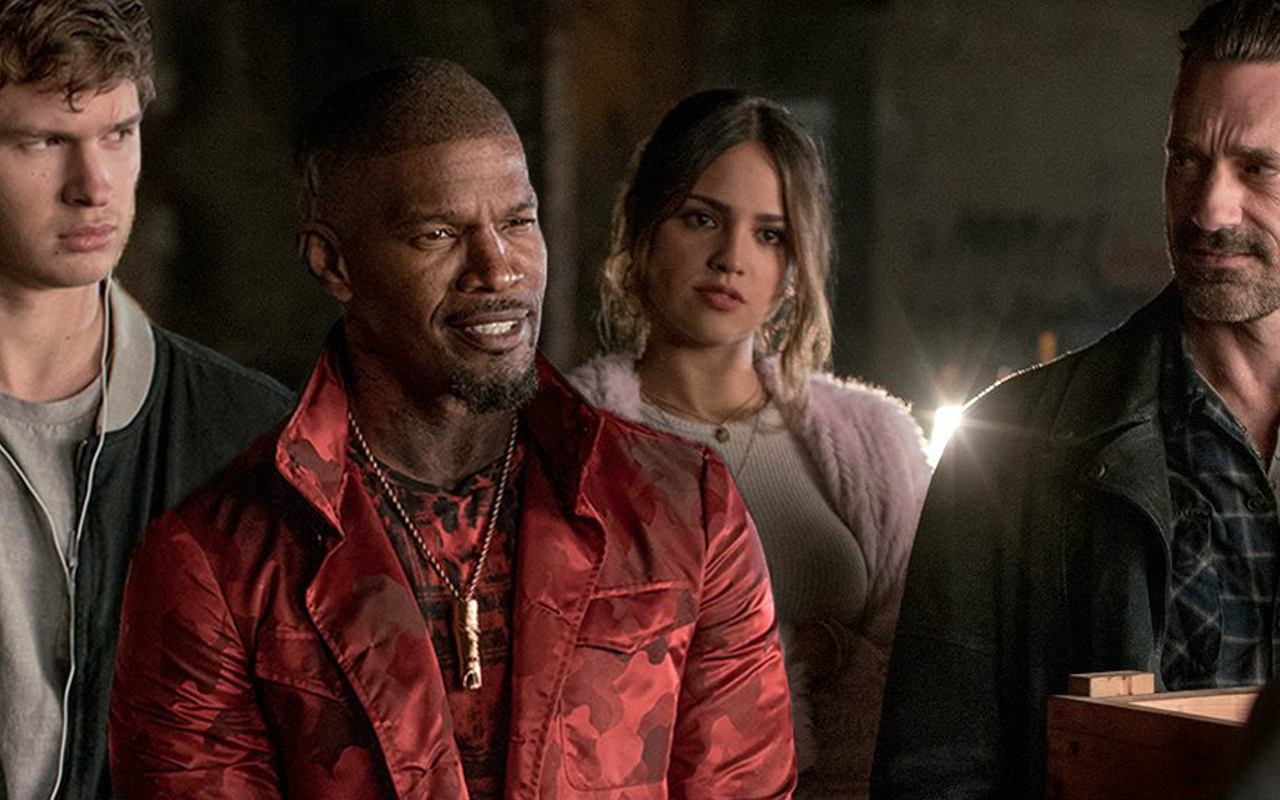 from left: Ansel Elgort, Jamie Foxx, Eiza Gonzáles, and Jon Hamm in Edgar Wright's Baby Driver