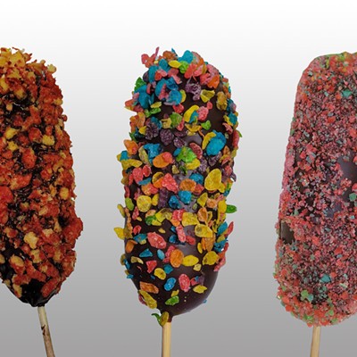 POP ROCK PICKLEKosher pickle wrapped in a Fruit Roll-up dipped in chocolate rolled in your choice of Pop Rocks, Fruity Pebbles, or Flaming Hot Cheetos.Location: Shockley's Food Service