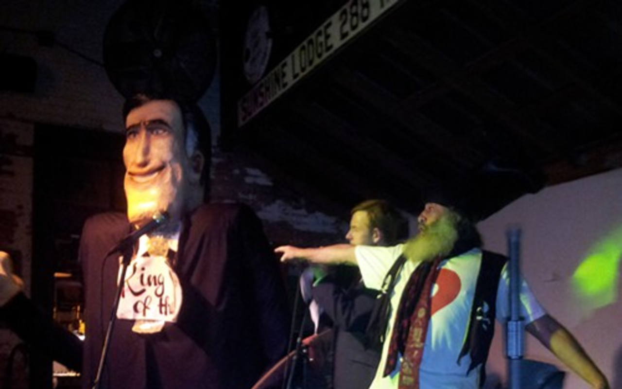 During the RNC 2012, Vermin Supreme challenges "Ritt Momney" at the Festival of Resistance at New World Brewery.