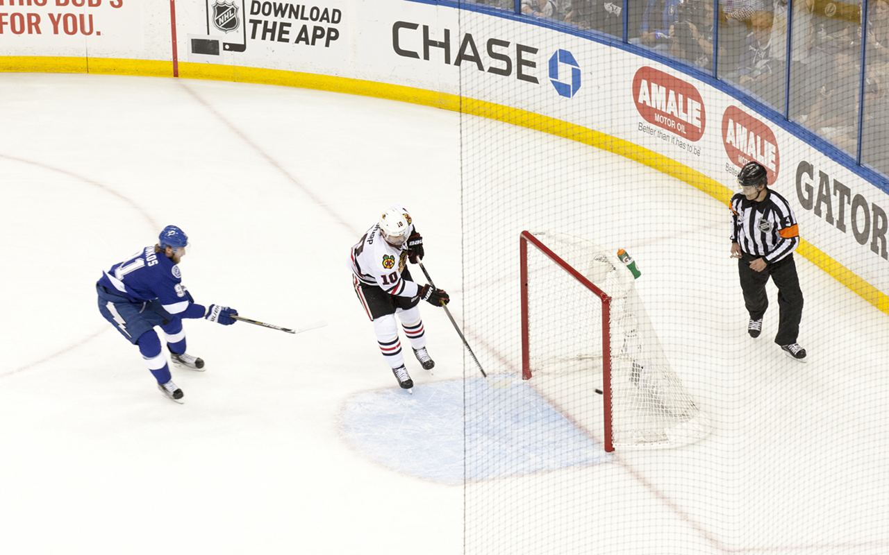 Blackhawks' Patrick Sharp capitalizes on Ben Bishop's mistake to score easiest goal of his career.