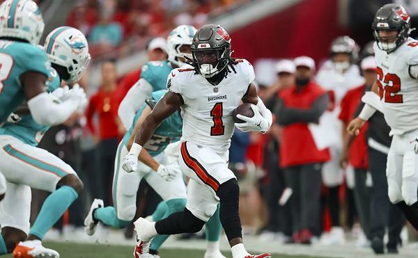 Tampa Bay Buccaneers running back Rachaad White had one touchdown against the Miami Dolphins during a preseason game at Raymond James Stadium in Tampa, Florida on Aug. 23, 2024.