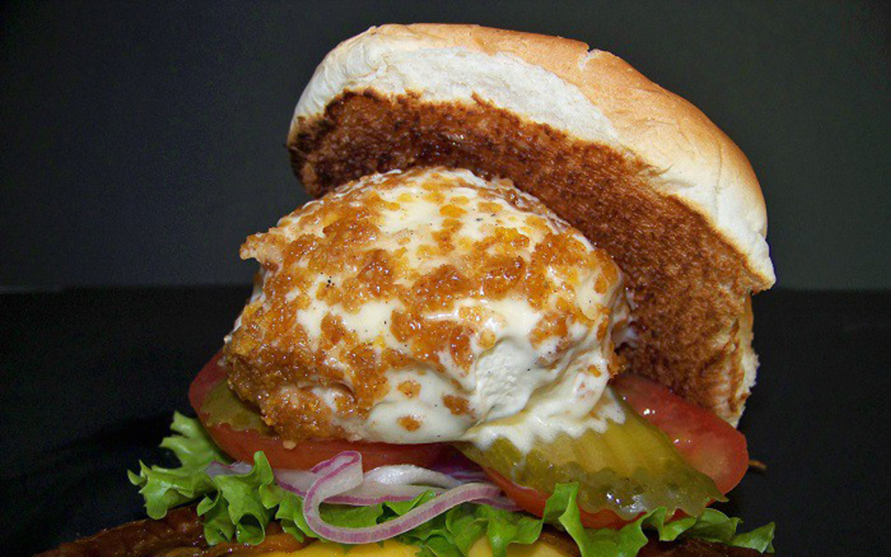 The Ice Cream Burger's classic toppings are finished with fried ice cream.