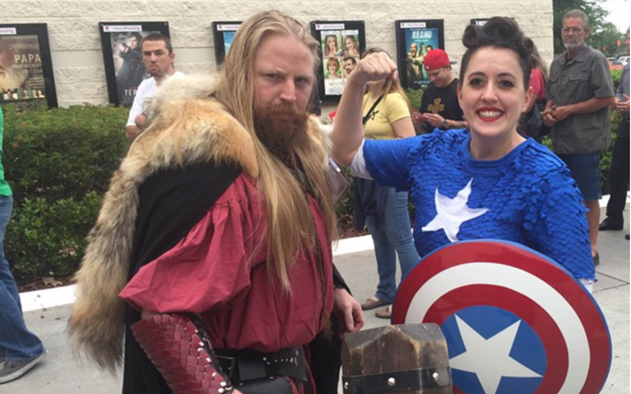 "Thor" and Jackie Roberts of Riverview's Two Faeries and a Dwarf costume business await screening of Captain America: Civil War at the AMC Veterans in Tampa.