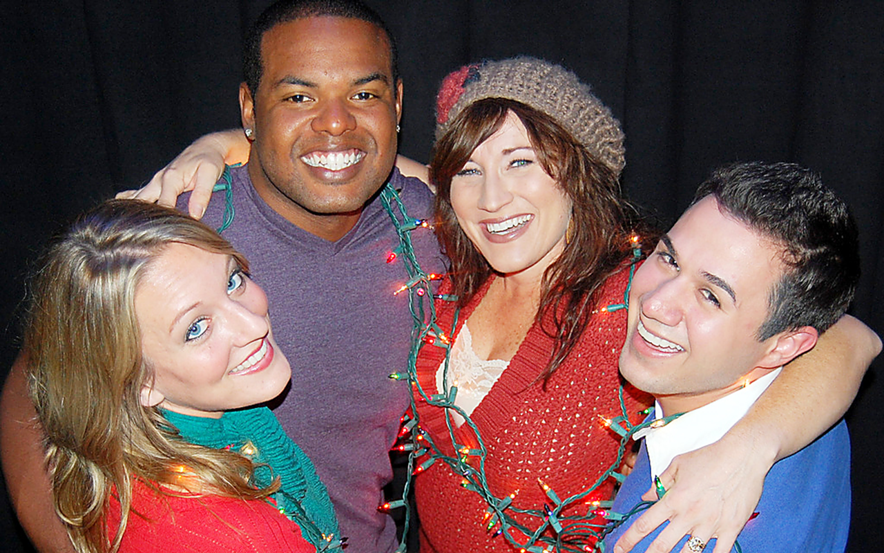 IT’S THEIR PARTY: Stageworks’ yuletide romp stars, from left, Alison Burns, Derek Womack, Heather Krueger and Ricky Cona.