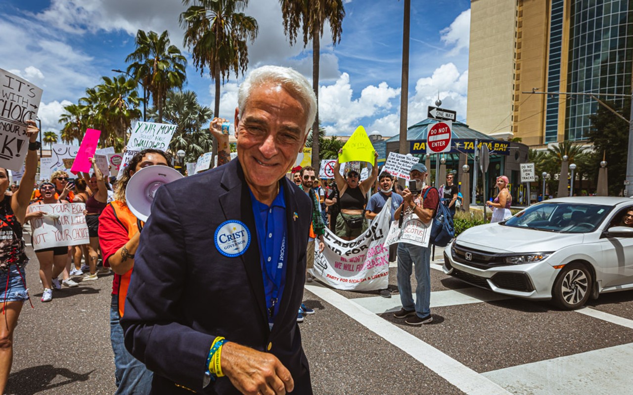 Charlie Crist being shouted down by pro-choice abortion activists in Tampa, Florida on July 16, 2022.
