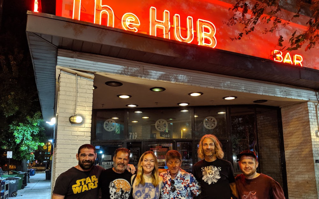 Texas Tim (center) with the author (left) and other pals outside The Hub in Tampa, Florida.