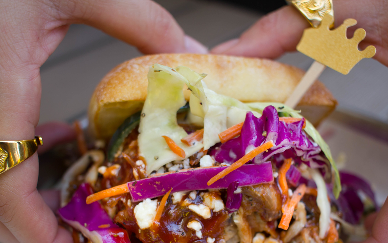 Topped with pulled pork and slaw, P.I.G. Poppa is part of Badfins Food + Brew's fusion-style menu.
