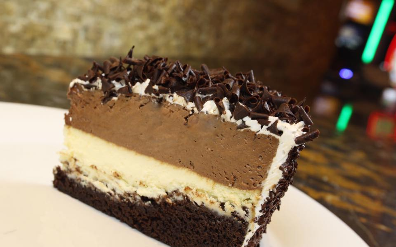 A slice of tuxedo cheesecake offered on the Chef's Trio lineup at Council Oak.
