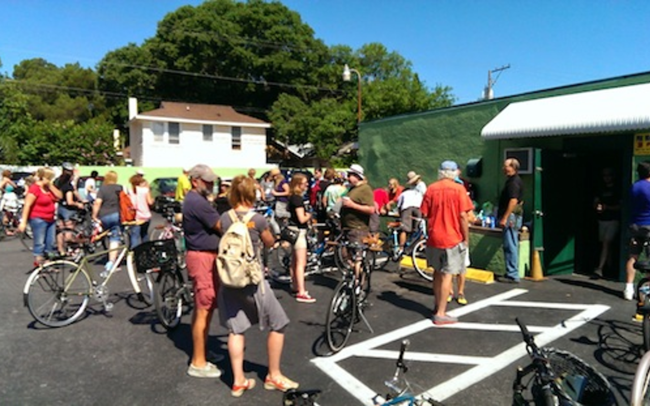 Riders gather to register for the Kerouac in Paradise Bike Tour.