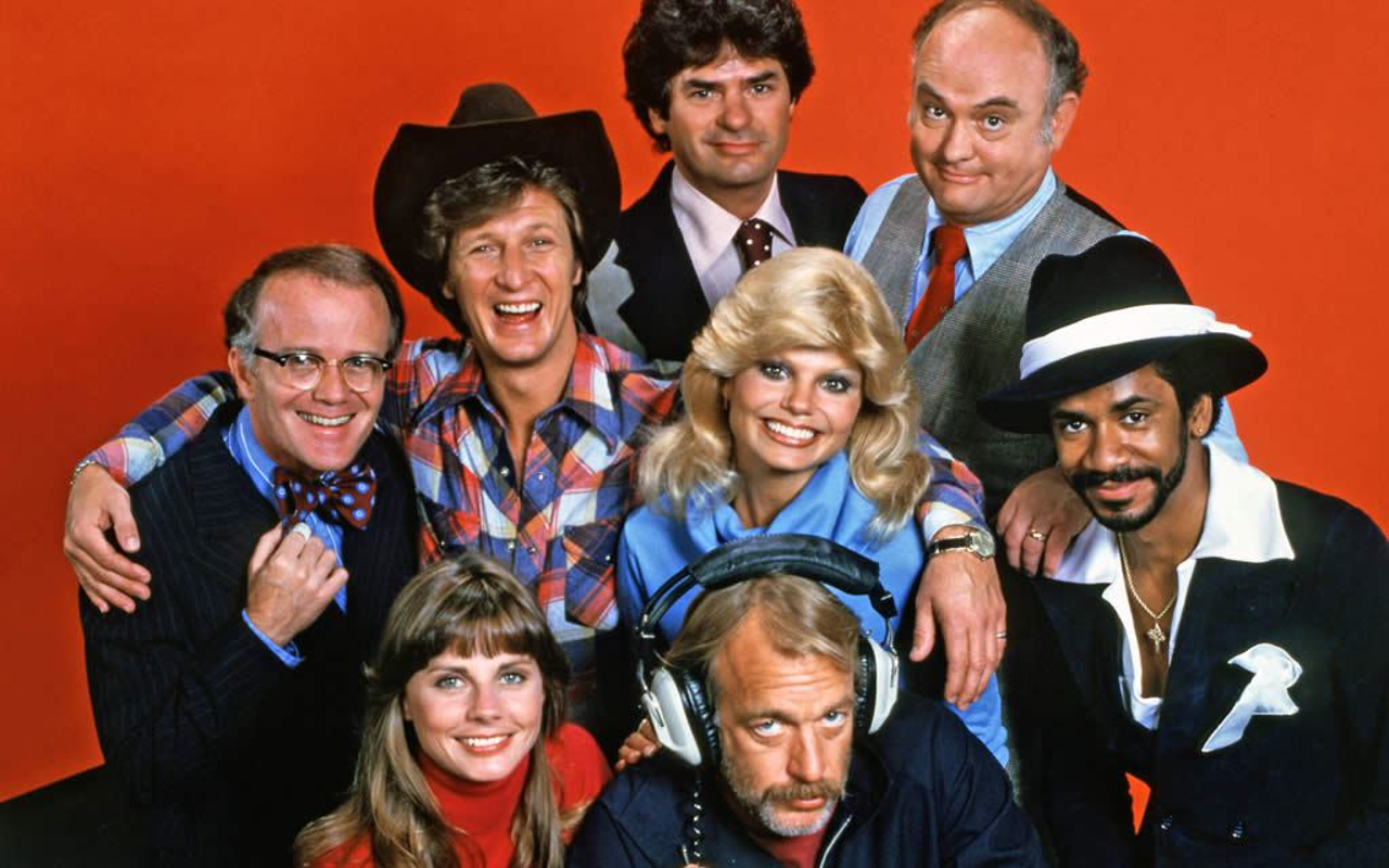 The WKRP cast, clockwise from left: Richard Sanders, Gary Sandy, Frank Bonner, Loni Anderson, Gordon Jump, Tim Reid, Howard Hesseman and Jan Smithers.