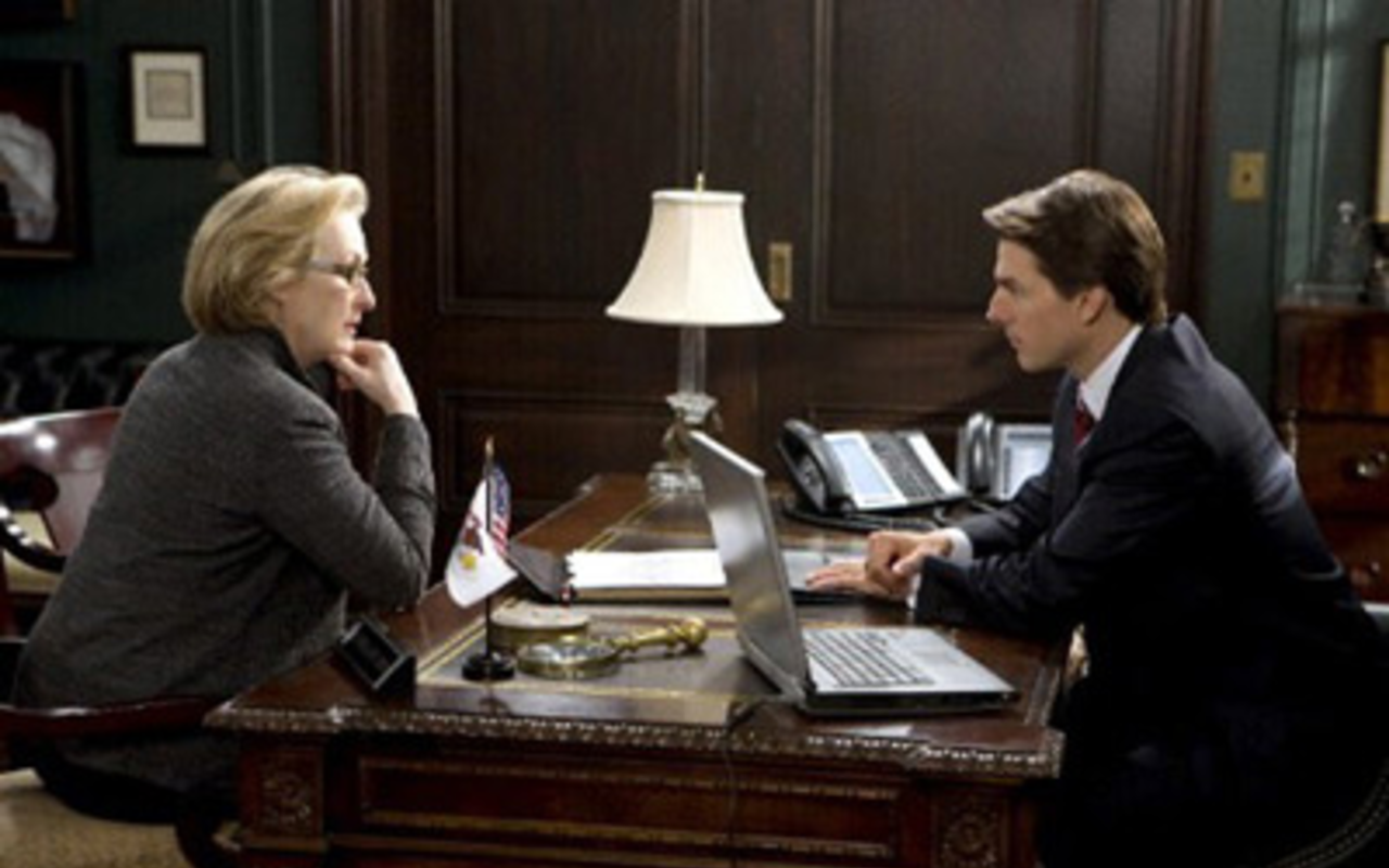 MEET THE PRESS: Meryl Streep is a journalist who interviews Tom Cruise, a Republican senator, in Lions for Lambs.