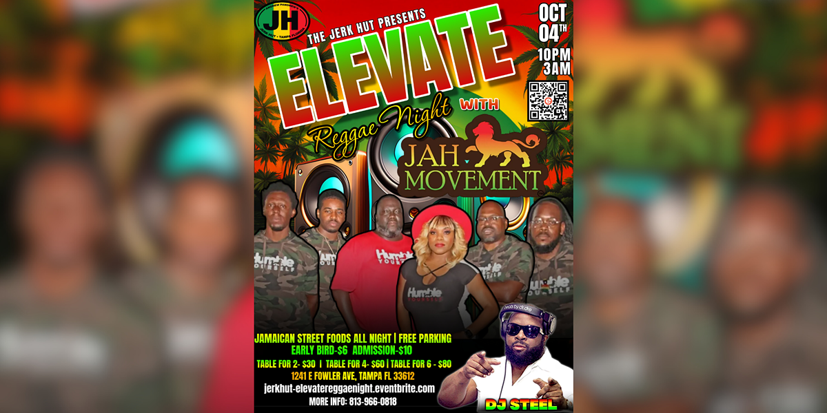 Join us at Jerk Hut on Oct 4 for ELEVATE &ndash; Reggae Night with Jah Movement & DJ Steel. Live music, food, table specials & more in Tampa.
