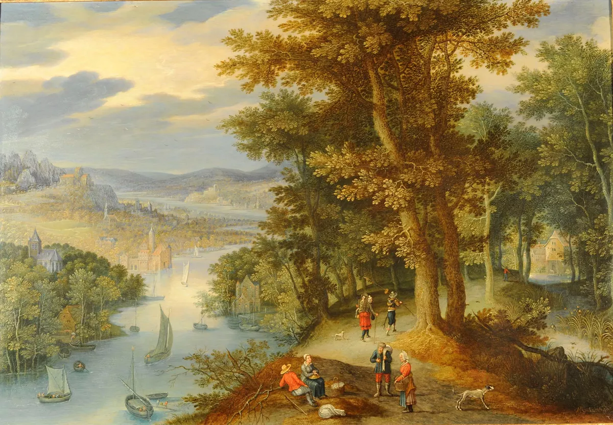 Marten Rijckaert, (Antwerp,1587-1631), An Extensive Wooded River Landscape with Travelers, ca. 17th Century    Oil on copper, 13.5 x 20 in. Long term loan from The Grasset-Linares Collection