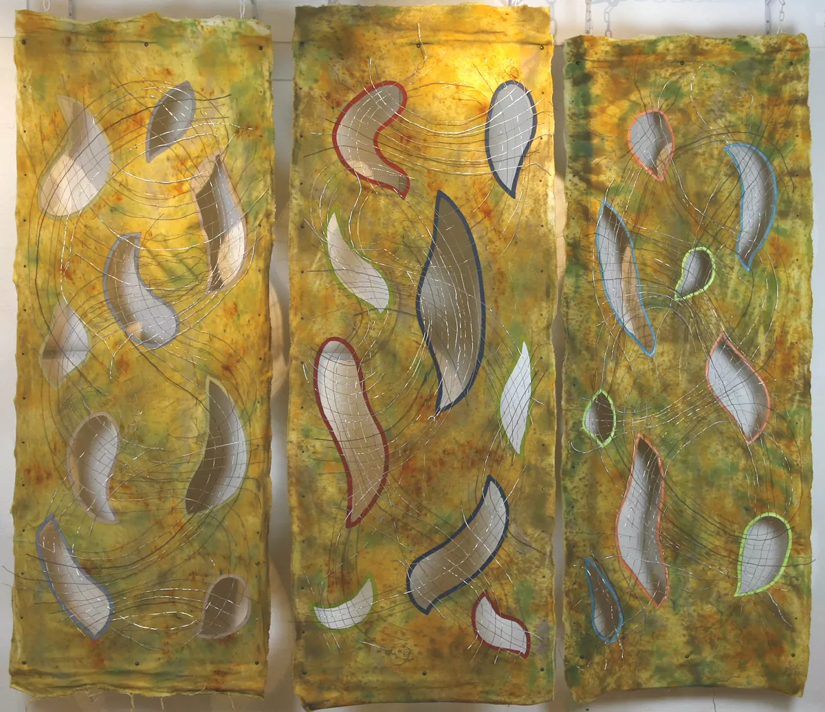 &ldquo;Healing Wounds&rdquo; Triptich, fiber, gouache paint, various wire by Judy Vienneau is part of the Grand Opening at GCAA Ecucational Center.