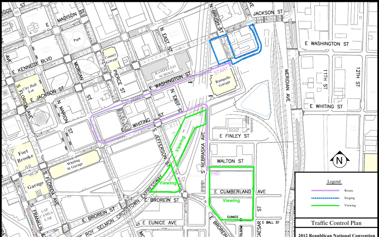 FREE, KIND OF: Tampa’s ‘free speech zones’ are labeled “Viewing” on this city map and outlined in green. The parade route is designated in purple.