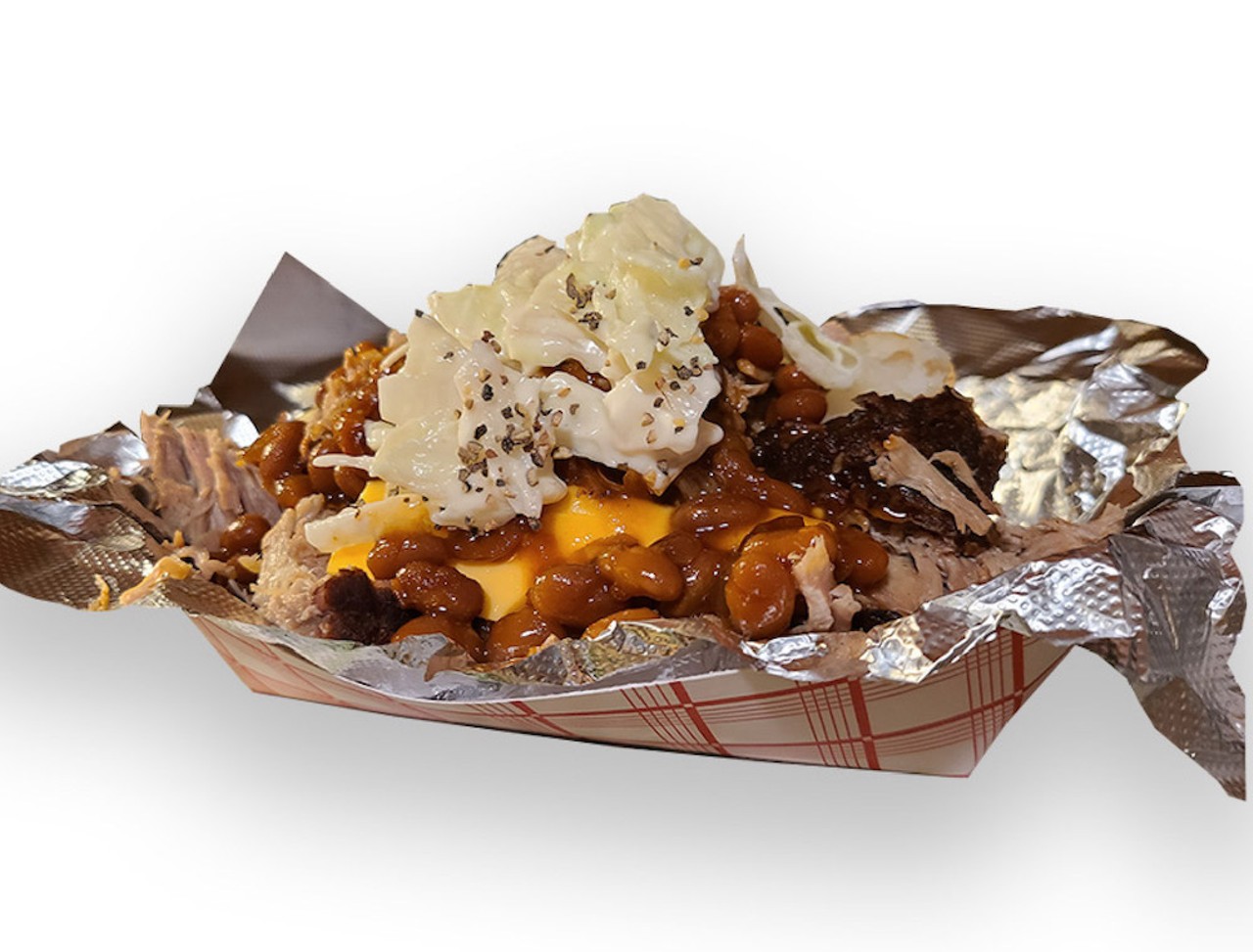 Hog Trof         
"A baked potato, pulled pork, baked beans, cheese, and topped with creamy coleslaw."                  
Where to find it: Rising Smoke BBQ
