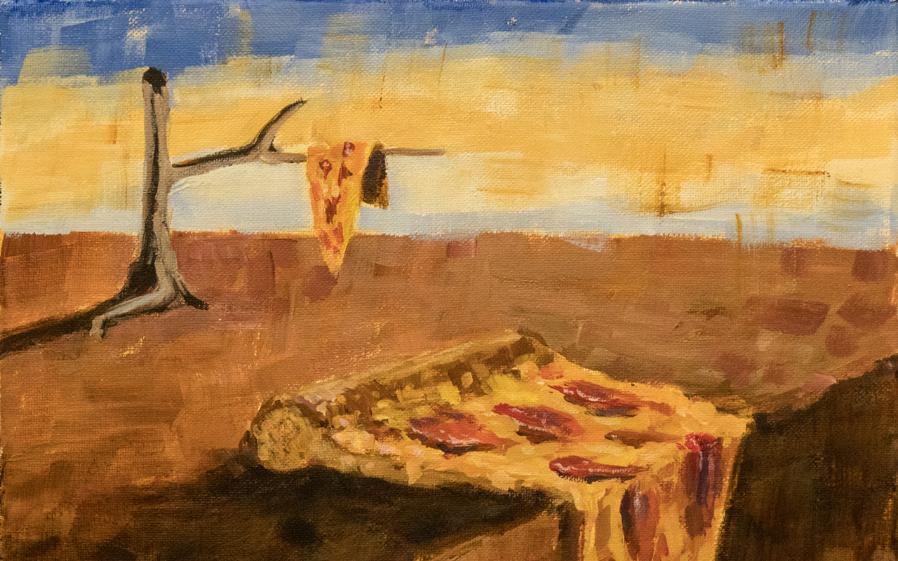 Dominick Critelli's "The Persistence of Pizza" is a tongue-in-cheek tribute to Salvador Dalí.