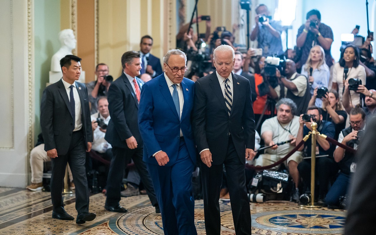 President Joe Biden, joined by Senate Majority Leader Chuck Schumer, D-N.Y., speaks to the press and departs the U.S. Capitol in Washington, D.C. on Wednesday, July 14, 2021, en route to the White House.