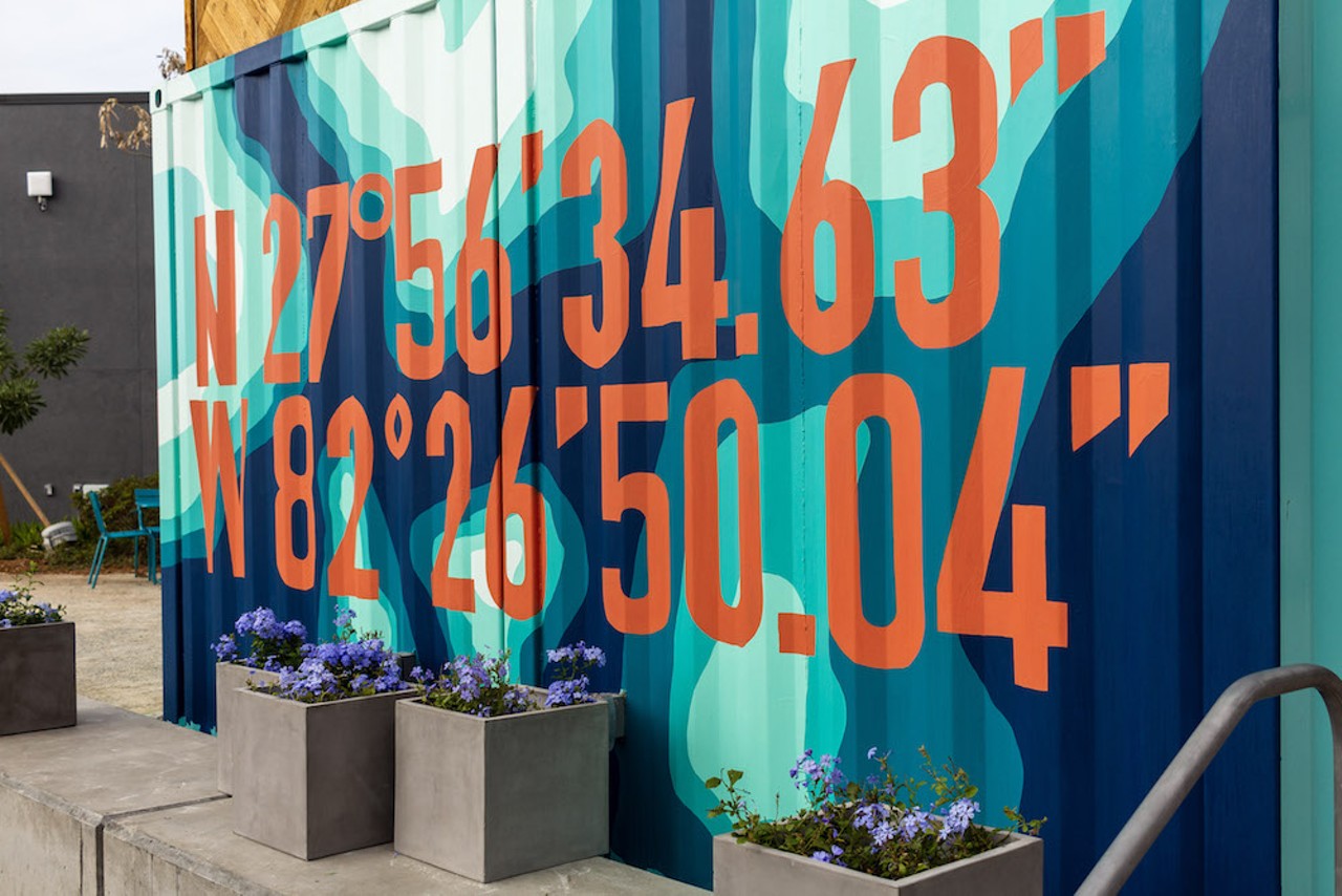 Many of the mural-adorned shipping containers &#151; which embrace the area's history as a working waterfront and were conceived in partnership with design shop Pep Rally &#151; feature local references. This one is decorated with the latitude and longitude of Sparkman Wharf.