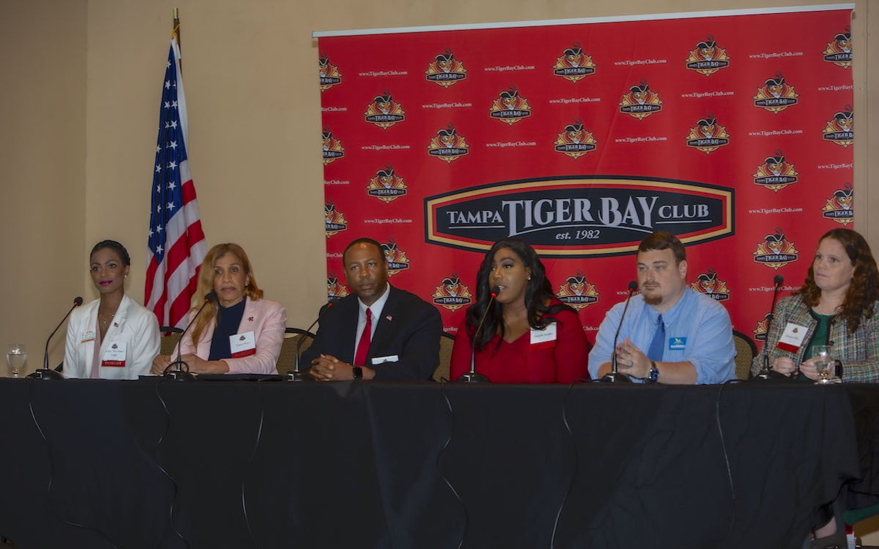 Hillsborough County School Board candidates spoke at a Tampa Tiger Bay political forum. From left to right: Alysha "Aly Marie" Legge, Karen Perez, Roshaun Gendrett, Danielle Smalley, Hunter Gambrell, Damaris Allen