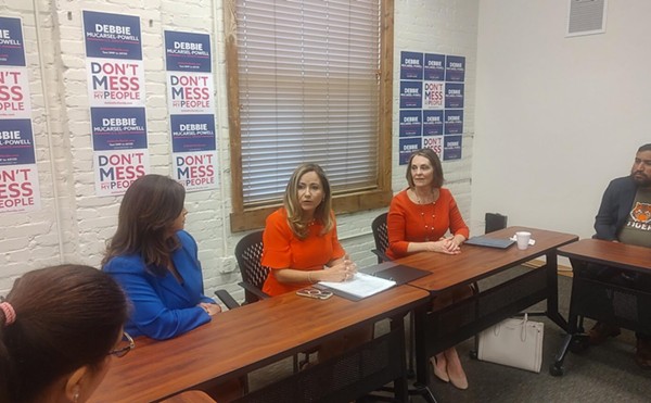 Debbie Mucarsel-Powell speaks at a Hispanic business roundtable on June 18, 2024, with Hillsborough County Tax Collector Nancy Millan (on her left) and Democratic Congresswoman Kathy Castor (on her right).