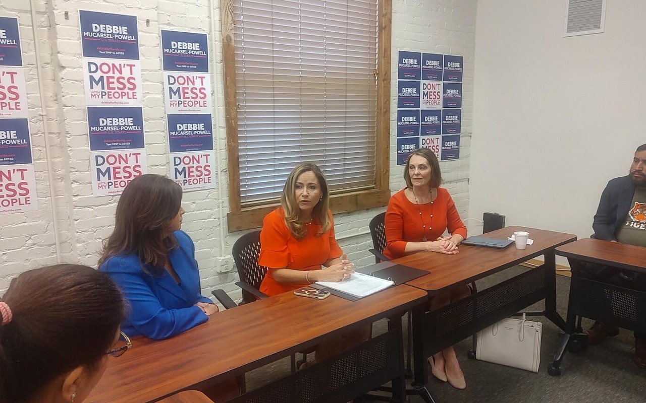 Debbie Mucarsel-Powell speaks at a Hispanic business roundtable on June 18, 2024, with Hillsborough County Tax Collector Nancy Millan (on her left) and Democratic Congresswoman Kathy Castor (on her right).