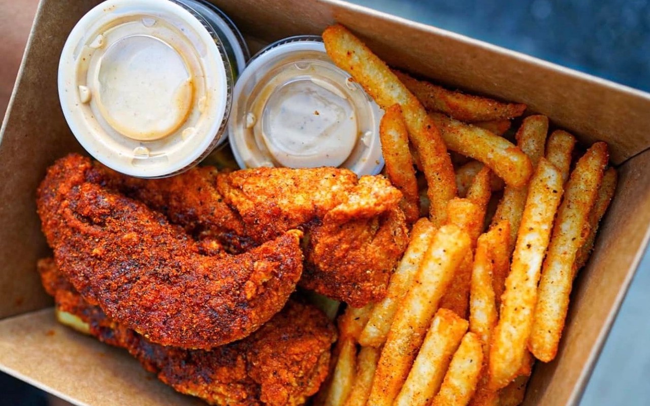 King of the Coop's tender box comes with fries and sauces of your choice.