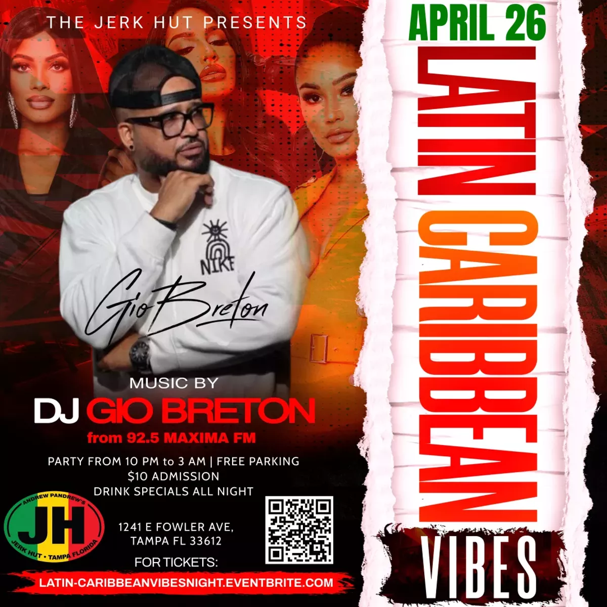 🌴 Latin Caribbean Vibes Night at Jerk Hut 🌴 🕙 10 PM &ndash; 3 AM | $10 Admission  Get ready for an unforgettable evening filled with the vibrant rhythms and high-energy vibes of the Latin Caribbean!  🎶 Dance to your favorite hits, including: 💃 Salsa | 🕺 Bachata | 🌟 Merengue | 🔊 Reggaeton &ndash; and more!  🍹 Enjoy Drink Specials All Night Long! Indulge in refreshing tropical cocktails and take advantage of exclusive drink deals at the bar.  🎧 Featuring music by DJ GIO BRETON of 92.5 Maxima FM, spinning the hottest Latin tracks to keep the dance floor moving all night!  Come ready to dance, mingle, and enjoy the ultimate Latin Caribbean nightlife experience at Jerk Hut.  📍 Location: Jerk Hut Island Grille & Beach Club &ndash; 1241 E Fowler Ave, Tampa FL 33612 🎟️ Admission: $10 get tickets online at: latin-caribbeanvibesnight.eventbrite.com  Don&rsquo;t miss out&mdash;grab your friends and let&rsquo;s dance the night away!  #LatinVibesTampa #SalsaNightTampa #BachataLovers #ReggaetonVibes #CaribbeanNights #JerkHutEvents #DJGioBreton #TampaNightlife #DanceTillLate