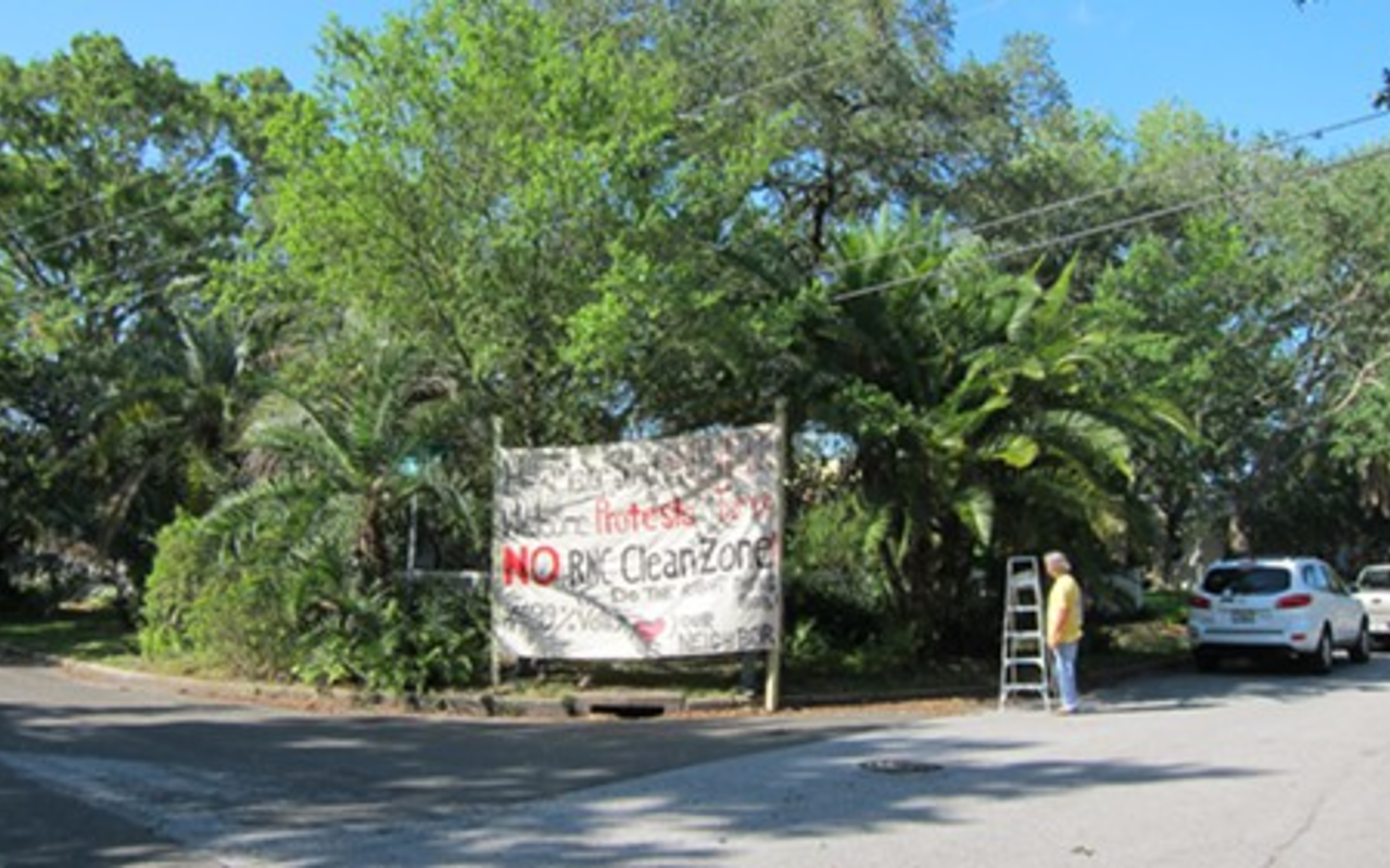 The banner is strung directly across from Bob Buckhorn's home on Davis Islands at 179 Baltic Circle.