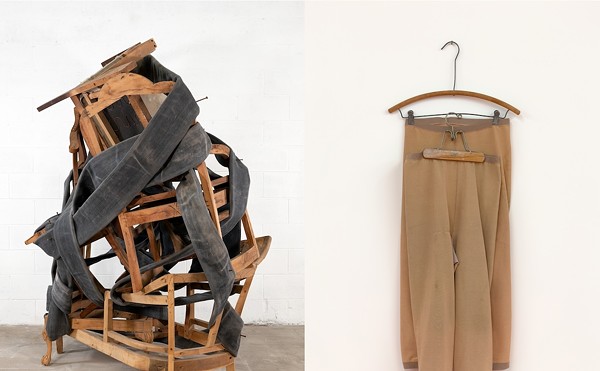 Lonnie Holley, Without Skin, 2023, Fire hose, wooden chairs, and nails, Courtesy of the artist,
BLUM Gallery (LA/NYC/Tokyo), and Edel Assanti Gallery (London). Photo Truett Dietz; Lizzi Bougatsos, The Pillar, 2022. Metal, wood, and burn suits. Courtesy of the artist and James Fuentes Gallery, NY.