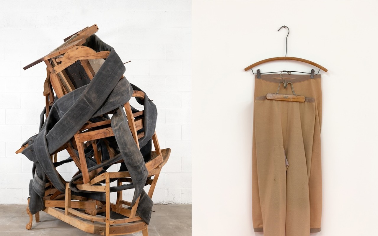Lonnie Holley, Without Skin, 2023, Fire hose, wooden chairs, and nails, Courtesy of the artist,
BLUM Gallery (LA/NYC/Tokyo), and Edel Assanti Gallery (London). Photo Truett Dietz; Lizzi Bougatsos, The Pillar, 2022. Metal, wood, and burn suits. Courtesy of the artist and James Fuentes Gallery, NY.