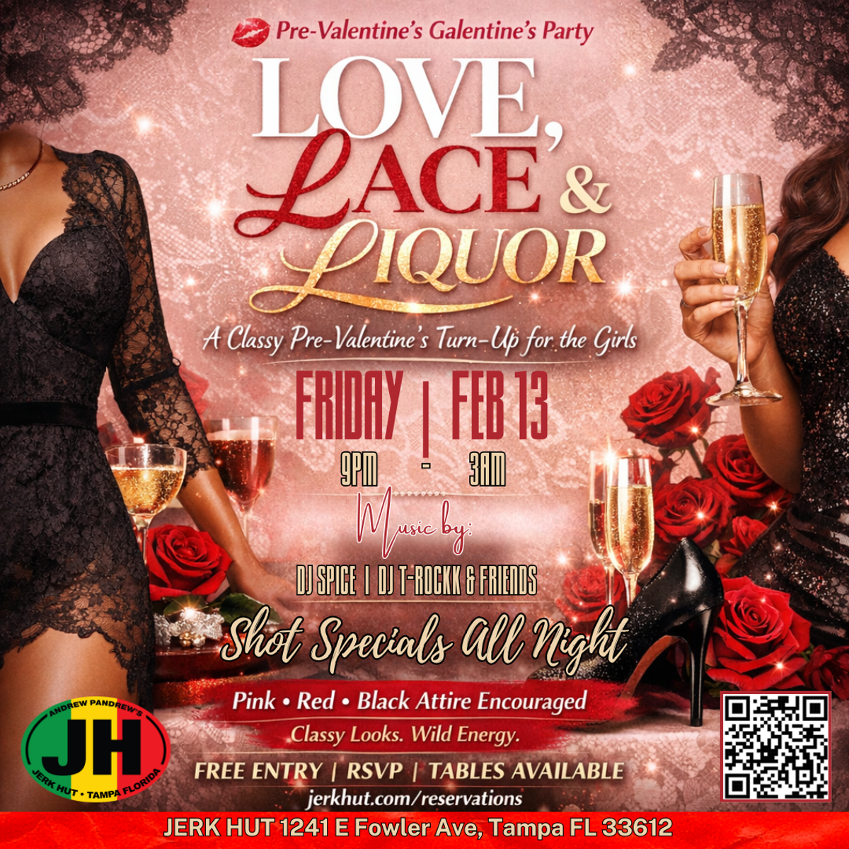 Get ready for the ultimate pre-Valentine&rsquo;s girls&rsquo; night out at Jerk Hut Island Grille & Beach Club! Before the roses, dates, and chocolates take over, we&rsquo;re celebrating friendship, femininity, and a little liquor with a night that&rsquo;s equal parts elegant and turnt.  ✨ Love, Lace & Liquor is where classy looks meet wild energy. Slip into your best pink, red, or black fit and join us for a glamorous Galentine&rsquo;s celebration filled with music, dancing, and nonstop vibes.